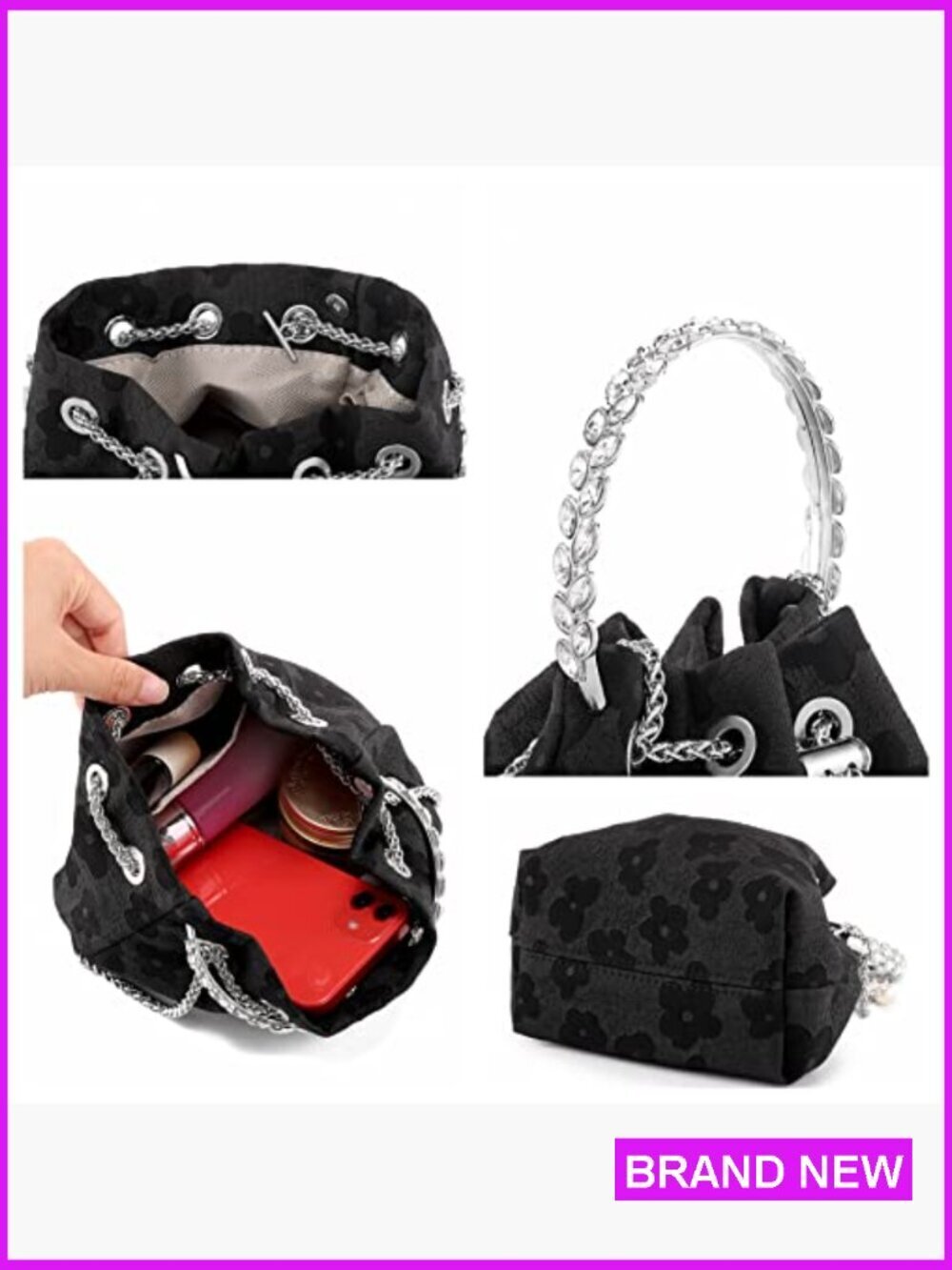 Mini Rhinestone Evening Clutch Crossbody Purse Floral Print Elegant Party Wear - Picture 5 of 7